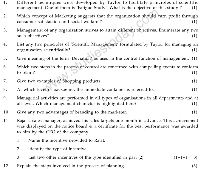 CBSE Class 12 Business Studies Sample Paper 2009 Set B